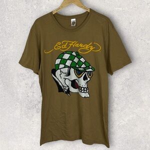 Ed Hardy Beaded Skull T-Shirt Army Green Mens Size XXL Crew Neck Tee Graphic Top